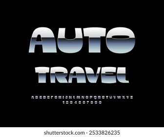 Logotipo de Vector de moda Auto Travel.  Fuente metálica moderna. Conjunto de letras y números de alfabeto de plata con estilo.