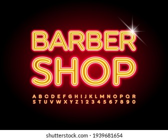 Vector trendy logo Barber Shop. Glowing light Font. Bright Neon Alphabet Letters and Numbers set