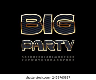 Vector trendy Logo Big Party. Stylish Black and Gold Font. Unique Modern Alphabet Letters and Numbers set.