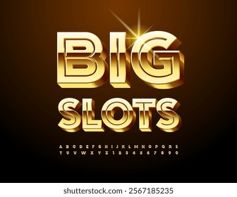 Vector trendy logo Big Slots. Premium Golden Font. Luxury 3D Alphabet Letters and Numbers set.