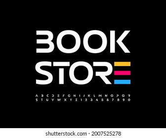 Vector trendy logo Book Store. Stylish modern Font. White techno Alphabet Letters and Numbers set