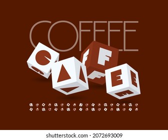 Vector trendy logo Coffee Cake with stylish Cube Font. Creative 3D Alphabet Letters and Numbers set