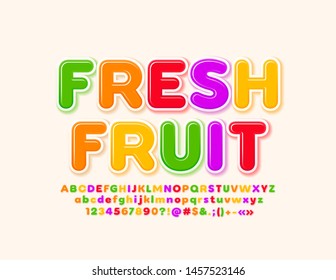 Logo de moda vectorial Fruta fresca con un alfabeto colorido. Fuente moderna y brillante. Conjunto de letras, números y símbolos