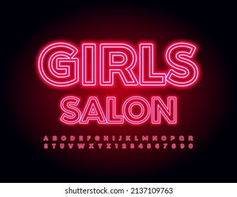 Vector trendy logo Girls Salon. Red Neon Font. Glowing set of Alphabet Letters and Numbers set