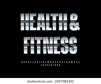 Vector trendy logo Health and Fitness. Elegant Metallic Font. Reflective Silver Alphabet Letters and Numbers set.