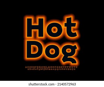 Vector trendy logo Hot Dog with Neon Font. Bright Glowing Alphabet Letters, Numbers and Symbols set