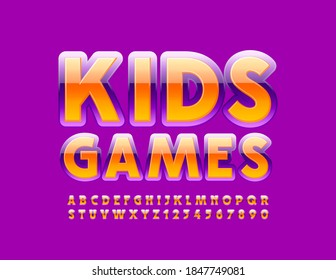 Vector trendy logo Kids Games. Bright Violet and Orange Font. Modern glossy Alphabet Letters and Numbers set