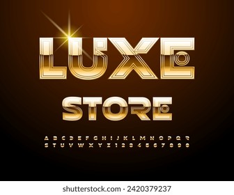 Vector trendy logo Luxe Store. Futuristic style Font. Exclusive Gold Alphabet Letters and Numbers set.