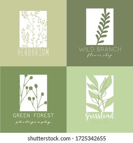 Vector trendy  logo in a minimalist style with the image of branches.
Badges, emblems, logotypes for organic cosmetics, florist, photography, wedding logos.