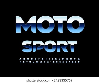 Vector trendy logo Moto Sport. Stylish Silver Font. Modern Metallic Alphabet Letters and Numbers set.