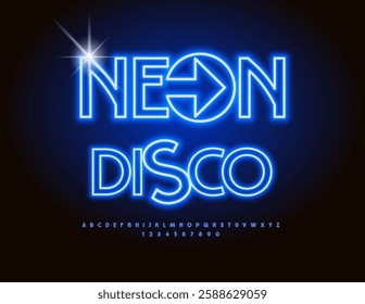 Vector Trendy logo Neon Disco. Blue glowing Font. Led Illuminated Alphabet Letters and Numbers set