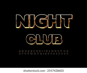 Vector trendy logo Night Club. Fashion Cool 3D Font. Black and Gold Chic Alphabet Letters and Numbers set.