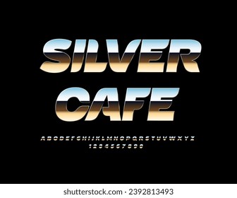 Vector trendy logo Silver Cafe. Modern Stylish Font. Reflective metallic Alphabet Letters and Numbers