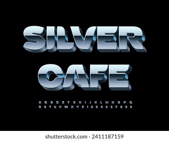 Vector trendy logo Silver Cafe. Modern Metallic 3D Font. Reflective Silver Alphabet Letters and Numbers.