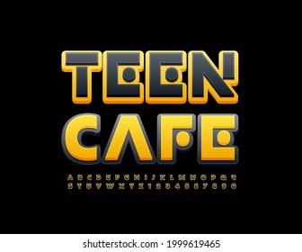 Vector trendy logo Teen Cafe. Black and Yellow artistic Font. Modern Alphabet Letters and Numbers set