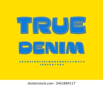 Vector trendy logo True Denim. Stylish Jeans Font. Modern Unique Alphabet Letters and Numbers set. 