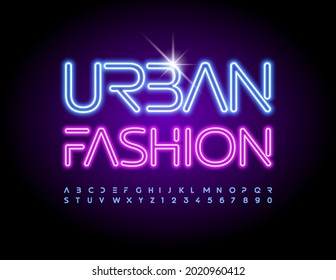 Vector trendy logo Urban Fashion with techno style Font. Neon bright Alphabet Letters and Numbers set
