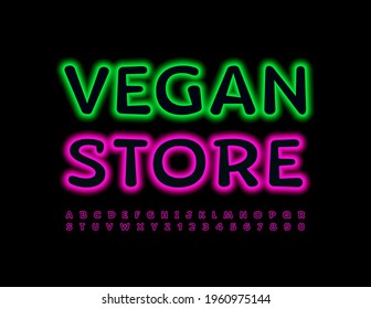 Vector trendy logo Vegan Store. Violet Neon Font. Glowing set of Alphabet Letters and Numbers