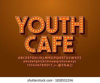 Vector trendy logo Youth Cafe. Electric Lightbulb Font. Retro Lamp Alphabet Letters and Numbers set