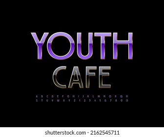 Vector trendy logo Youth Cafe. Stylish Purple and Gold Font. Chic Alphabet Letters and Numbers set