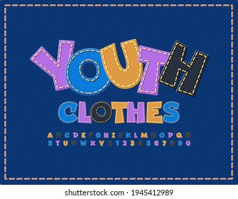 Vektor trendige Logo Jugend Kleidung. Helle Denim Font. Jeans strukturierte Alphabet Letters and Numbers Set
