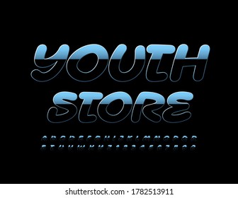 Vector trendy logo Youth Store Blue Metal and Black Font. Handwritten Alphabet Letters and Numbers