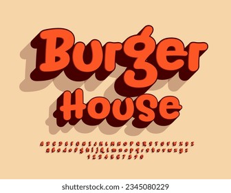 Vector trendy logotype Burger House. 3D artistic Font. Creative set of funky handwritten Alphabet Letters and Numbers