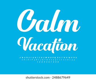 Vector de moda logo Calm Vacation. Fuente blanca moderna. Conjunto de letras y números cursivos con estilo.