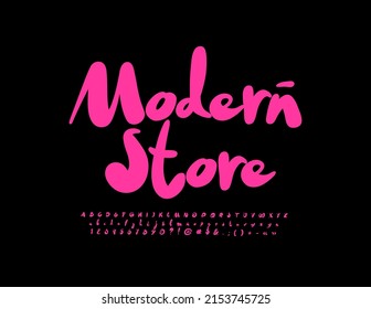 Vektor-trendige Logotype Modern Store mit rosafarbener handgeschriebener Schriftart. Stilvolle Alphabet-Buchstaben, Zahlen und Symbole