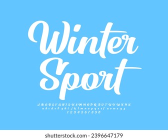 Vector trendy logotype Winter Sport. White Cursive Font. Modern Alphabet Letters and Numbers set