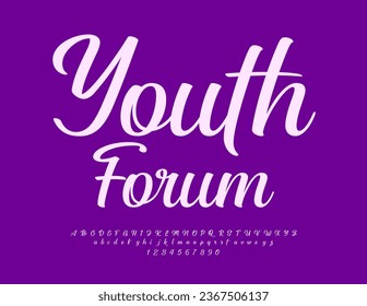 Vector trendy logotype Youth Forum. Beautiful Cursive Font. Handwritten Alphabet Letters and Numbers