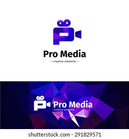 Vector trendy low poly camera logo. Media business P letter logotype with low poly background