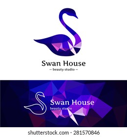 Vector trendy low poly swan logo. Beautiful diamond swan logotype with polygonal background