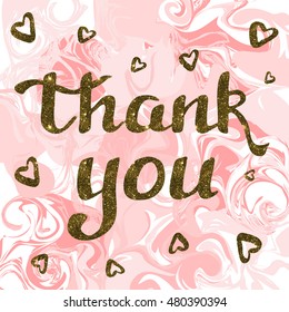 Vector trendy marble background with thank you lettering and hearts.