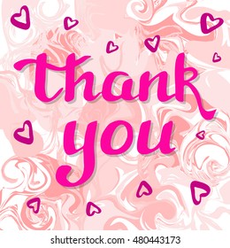 Vector trendy marble background with thank you lettering and hearts.
