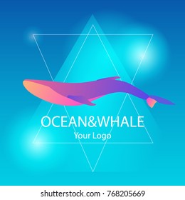 Vector trendy marine logo in triangular frame of a whale in deep water ocean or sea in modern gradient colors and glow. Can be used for sea store, ocean products, eco company, camp or business