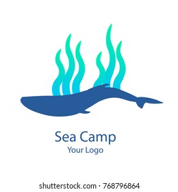 Vector trendy marine logo  of a whale in deep water ocean or sea and green blue algae in modern gradient colors. Can be used for sea store, ocean products, eco company, camp or business. Flat style.