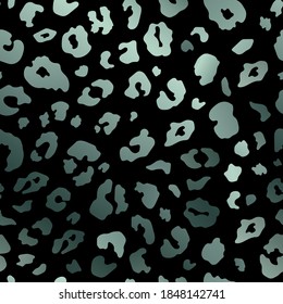 Vector Trendy midnight green leopard seamless pattern. Wild animal cheetah skin abstract metallic texture on black background for fashion print design, textile, cover, wrap, wallpaper.