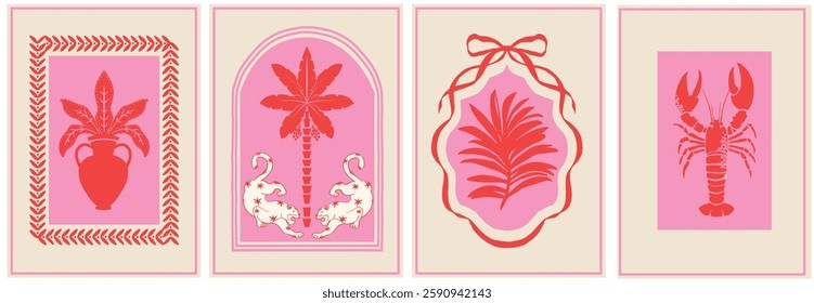 Vector trendy minimalist posters with a summer vibe. Features a palm tree silhouette, frames, and lobsters. Hand-drawn 'la dolce vita' doodles. Pink and red colors.