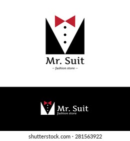 Vector trendy minimalistic man suit logo. Hipster suit with bow-tie logotype.