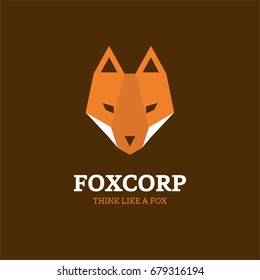 Vector trendy minimalistic red Polygonic fox head logo in flat style on a brown background