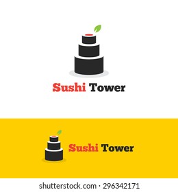 Vector trendy minimalistic sushi tower logo. Creative sushi bar logotype.