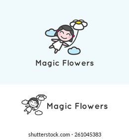 Vector trendy minimalistic young girl cartoon character. Flowers shop logotype. 