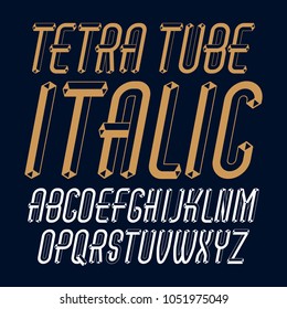 Vector trendy modern capital, uppercase alphabet letters, abc collection. Unlike italic condensed type font, script from a to z can be used for logo creation. Created using dimensional tetra pipe.
