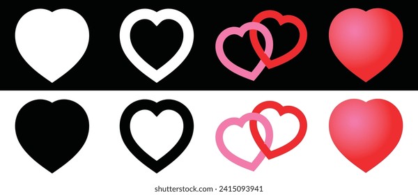 Vector Trendy Modern Elegant Heart Icon Set. 3D,Linear,Filled Flat Outline Style Isolated On black and white Background. Vector Illustration.