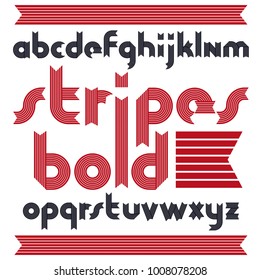 Vector trendy modern uppercase alphabet letters collection. Classic bold type font, script from a to z can be used for logo creation. Made with stripy decoration.