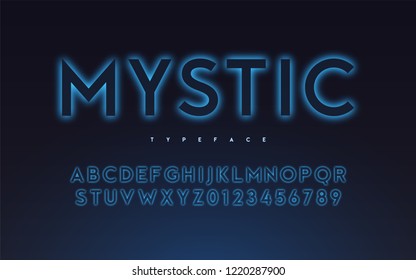 Vector trendy neon light or eclipse style glowing font design, alphabet, typeface, letters and numbers.