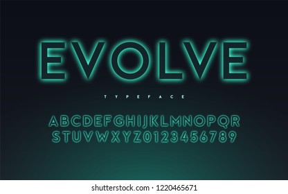 Vector trendy neon light or eclipse style glowing font design, alphabet, typeface, letters and numbers.