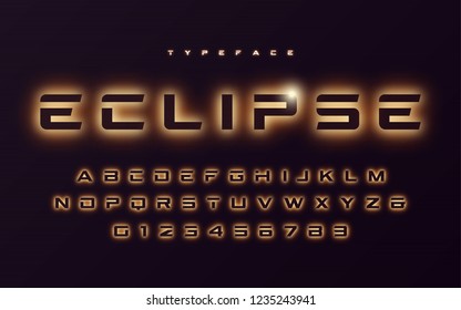 Vector trendy neon light or eclipse style futuristic glowing font design, alphabet, typeface, letters and numbers.