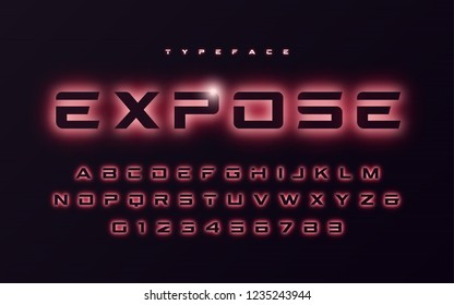 Vector trendy neon light or eclipse style futuristic glowing font design, alphabet, typeface, letters and numbers.